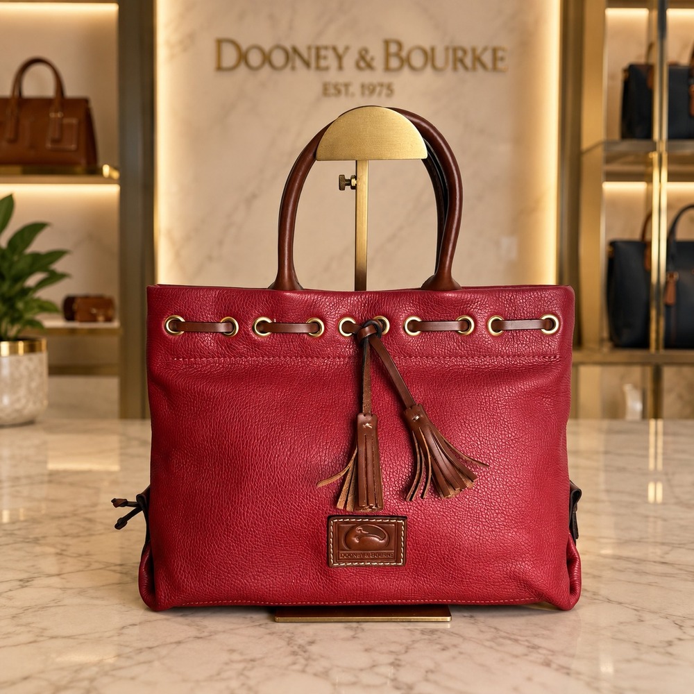 Dooney & Bourke Wakefield Tassel Tote Bag Red Brown Trim Pebble‎ Leather